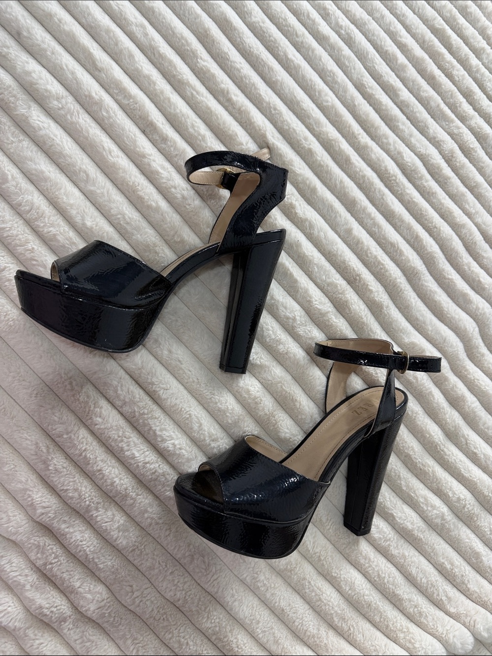 Black Patent Platform Ankle-Strap Block Heels